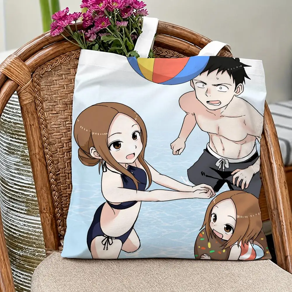 Romantic Anime Teasing Master Takagi-san Storage Bags Eco Canvas Tote Odorless Reusable Double Print Shopping Bag
