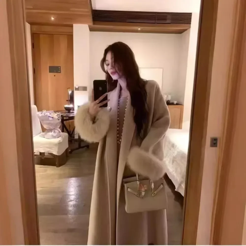 Women 2025 Autumn Winter New Bathrobe Double-sided Cashmere Coat Fox Fur Cuffs Long Woolen Coat Real Fox Fur Jacket Female