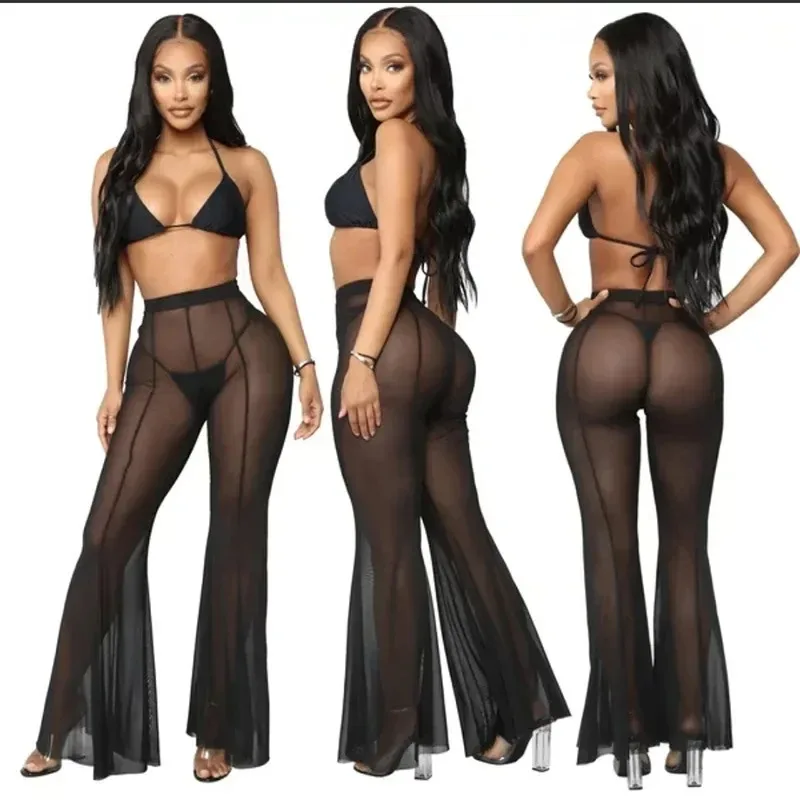 New Summer Sunscreen Wide Leg Pants with European and American Perspective Mesh Beach Style Women's Skin friendly Sexy Pants