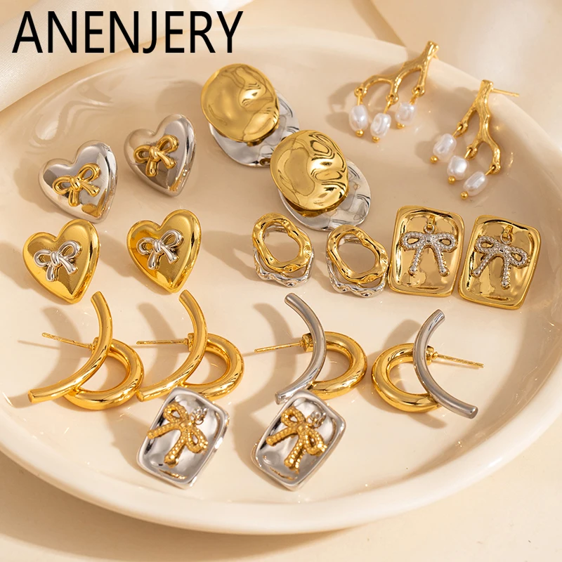 ANENJERY 316L Edelstahl Herz Geometrie Linien Bowknot Perle Ohrringe Für Frauen Luxus Vintage Französisch Schmuck Geschenk Großhandel