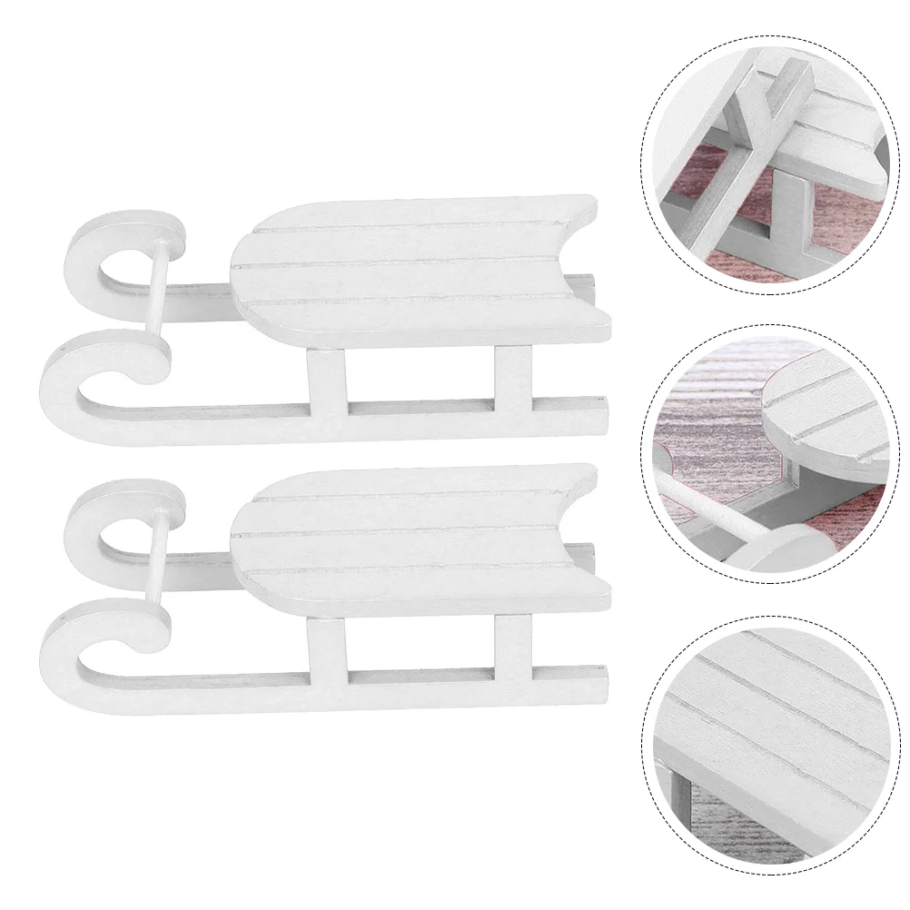 2 PCS Outdoor Decor Christmas Sleigh Ornaments Wooden Desktop Toy 13X5X32CM Sled Crafts Adornment White Xmas