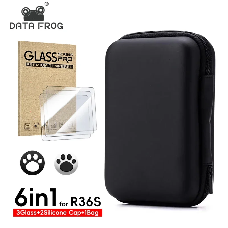 DATA FROG 6 IN 1 Glass+Bag for R36S Game Console Storage Bag & Screen Protectors Tempered Glass Film for Game Accessories