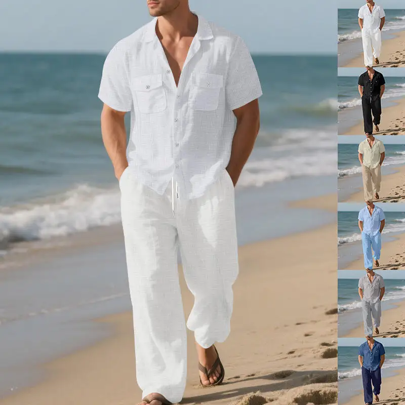 

Мужской повседневный льняной комплект: рубашка с коротким рукавом и свободные длинные брюки для пляжа и осени, трансграничная продажа