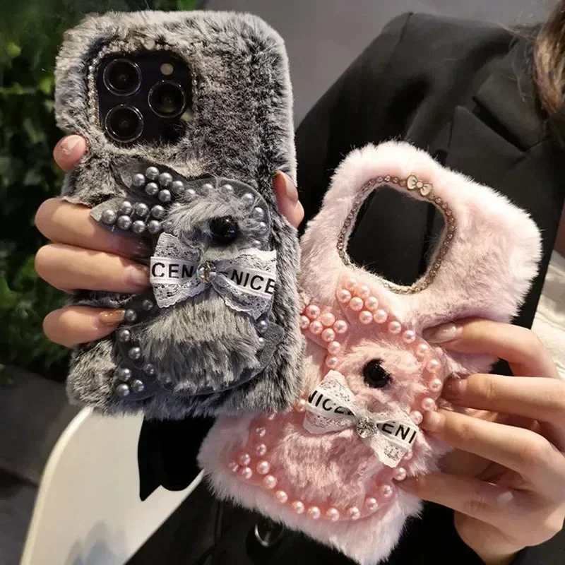 

Роскошный пушистый плюшевый чехол с 3D кроликом и бриллиантами для iPhone 16 Pro Max, чехол 15, 14 Plus, 13, 12, 11 X XS XR, мягкий силиконовый чехол