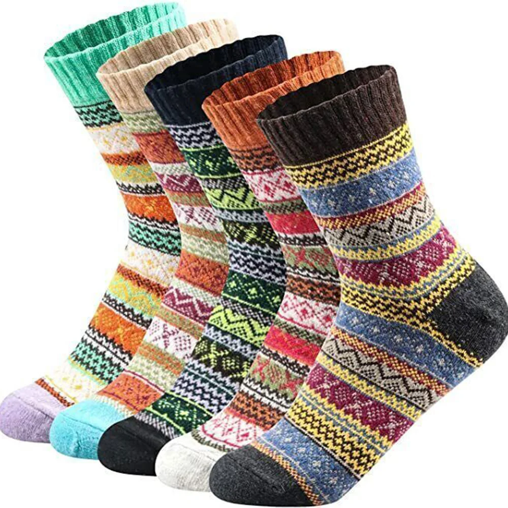 

5 Pairs Womens Thick Socks Wool Thermal Warm Knitting Nordic Ladies Socks Winter Tall Floor Snow Sock Gift Box Christmas Present