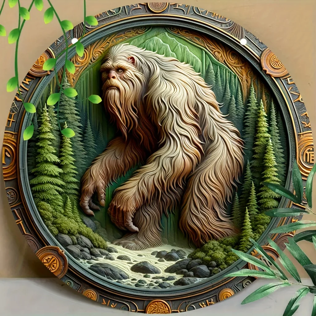 Bohemian Style Aluminum Round Wall Hanging Sign with Sasquatch Art, Waterproof & UV Resistant Metal Plaque for Home, Room, Cafe