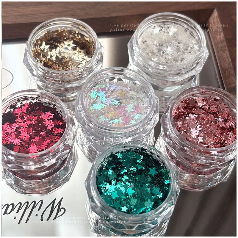1 Jar Holographic Nail Art Glitter Shiny Colorful Five-Point Star Flakes Sequins 3D Nail Paillette Manicure Nail Decorations