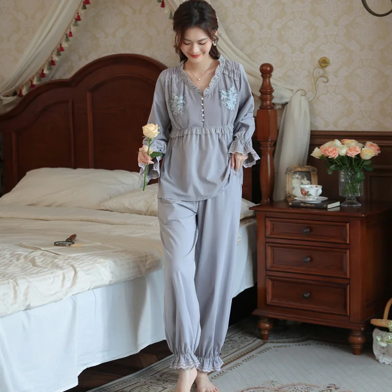 Autumn Cotton Tops Pants Loungewear Fairy Princess Sleepwear Vintage Long Sleeve Pajamas Women Sweet Lace Round Neck Pajama Sets