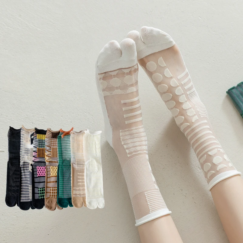 Two Toes Socks Women Summer Ultra-thin Transparent Crystal Silk Socks Polka Dot Japanese Fashion Retro Vintage Nylon Long Socks
