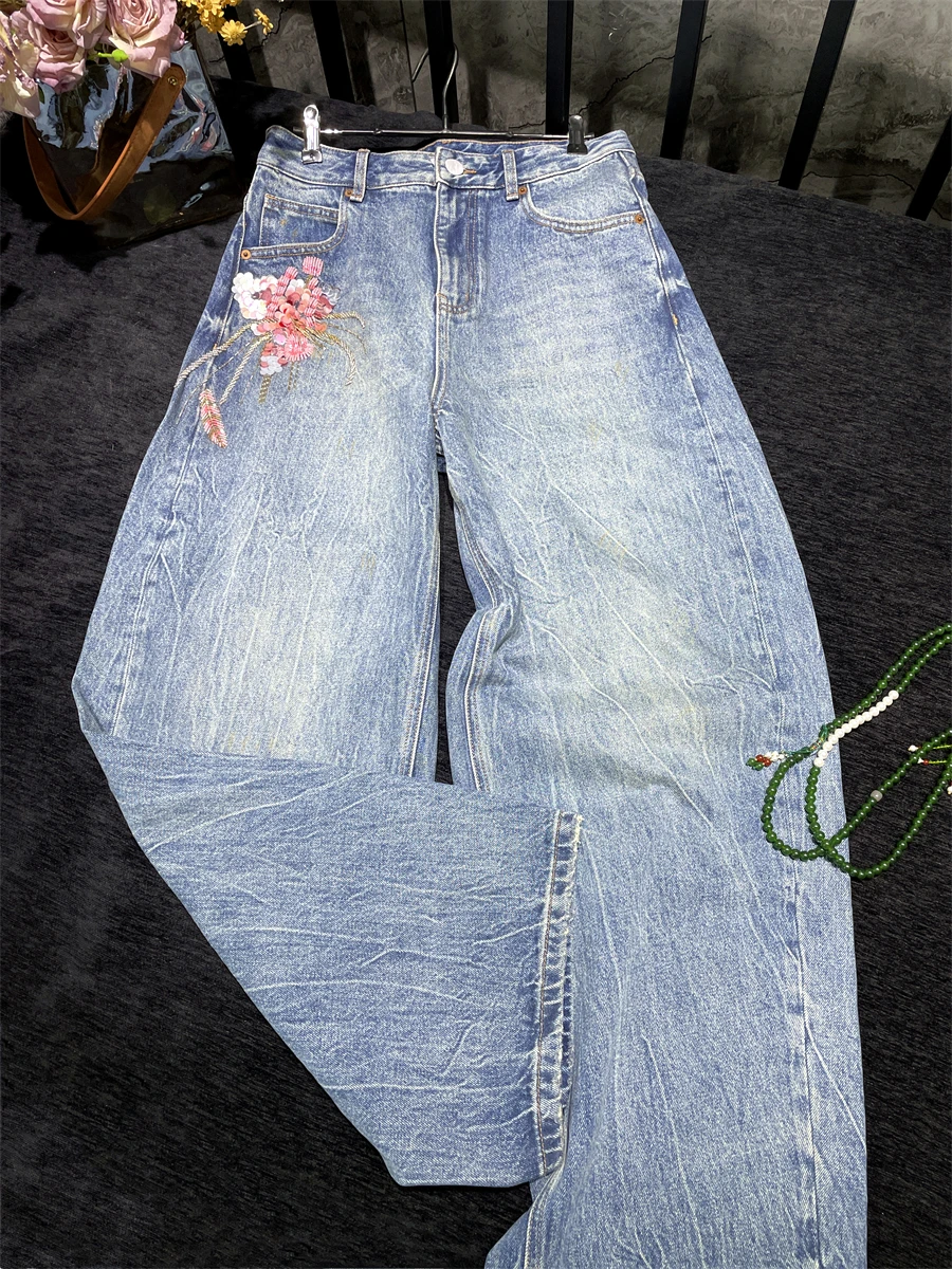 

New Chinese Sle Embroidered Waed Fce Denim Wide Leg Pants High Waist Knife Versatile Ladies Jeans Spring Collection