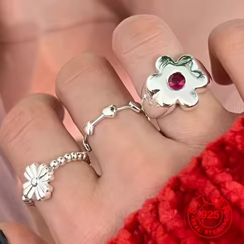BFCLUB Silver Color Rings for Women Fashion Geometric Handmade Irregular Red Flower Ring Simple Jelwery Party Christmas Gift