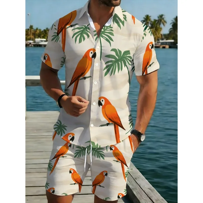 Men's Parrot Printed Shirt Shorts Set Lightweight Polyester Summer Vacation Beach Casual Outfit for