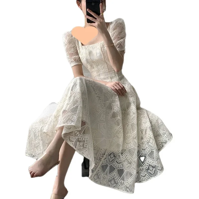 Fashion Dresses for Women Short Sleeve French Style Vintage Dress Fairycore Solid Square Collar 2023 New Spring Summer Dress
