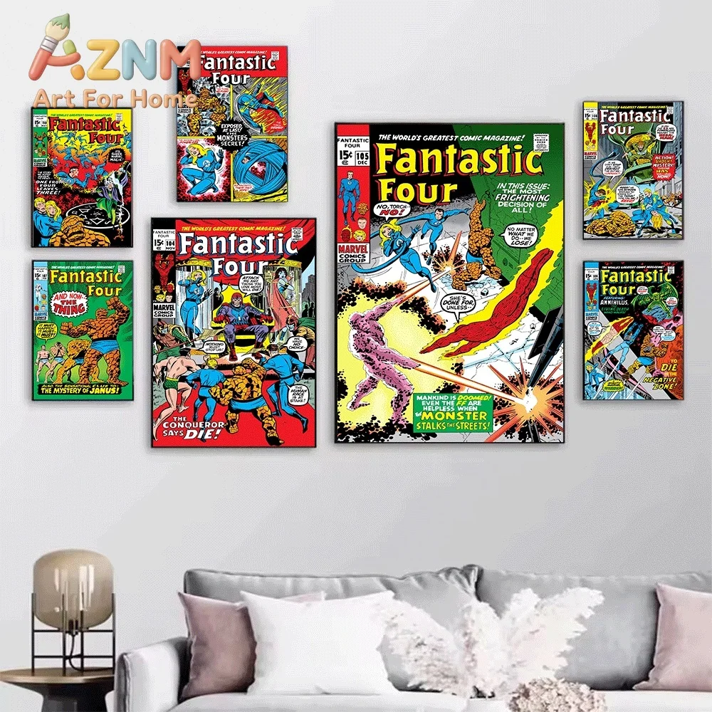 AZNM Fantastic Four Death Strikes at Night Vintage Comic Cover Collage Canvas Wall Art Unframed Print, Superhero Poster for Be