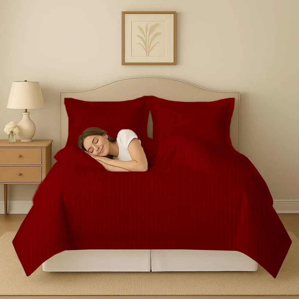 طقم غطاء لحاف مخطط باللون العنابي الفاخر - مقاس سوبر كوين، 98 × 90، عدد 800 خيط من القطن المصري، ناعم ومسامي #3