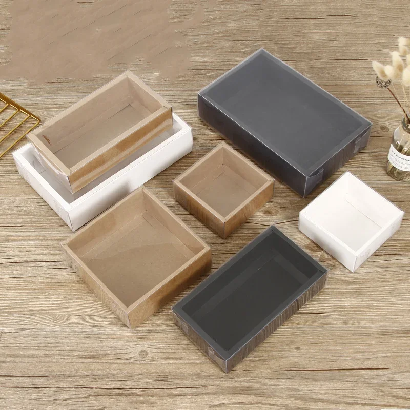 

10pcs Clear PVC Lid White/Black/Kraft Paper Box Handmade Soap Candy chocolate biscuit boxes for wedding party gift wrap
