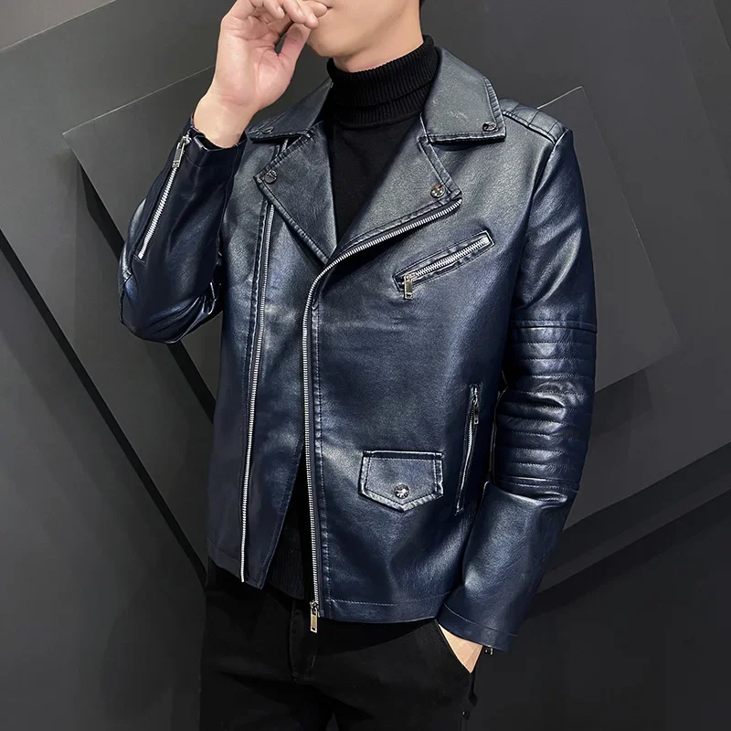 

New Fashion Men's Coat Casual Motorcycle Windbreaker Zip Lapel Collar Faux Leather Jacket Men Slim Fit High Quality PU Outwear