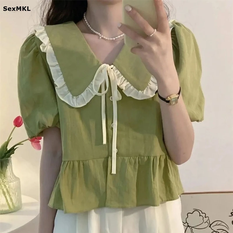 

Sweet Bow Neck Shirt Women's Blouses 2026 Summer Casual Ruffles Puff Sleeve Crop Top Slim Vintage Pink Shirts Korean Y2k Clothes