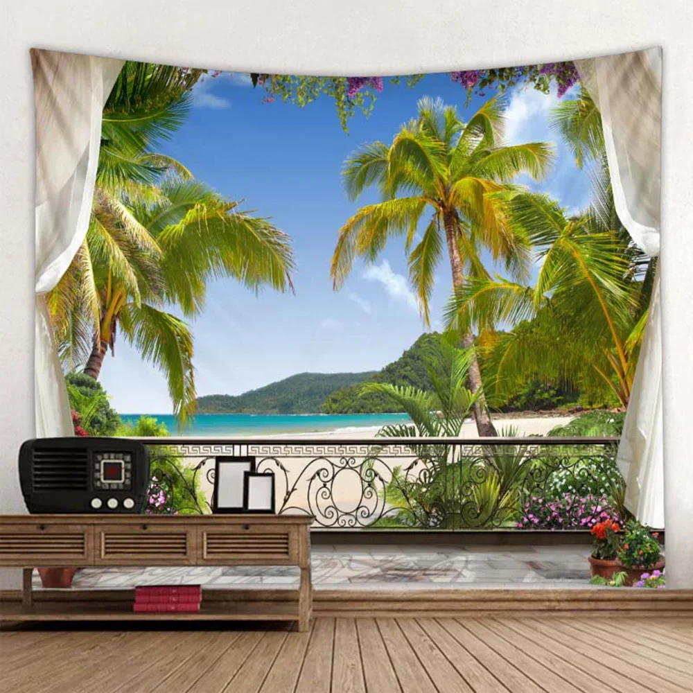 Imitation window landscape tapestry, wall hanging cloth, sea view, waterfall, living room, bedroom, home wall fabric decoration