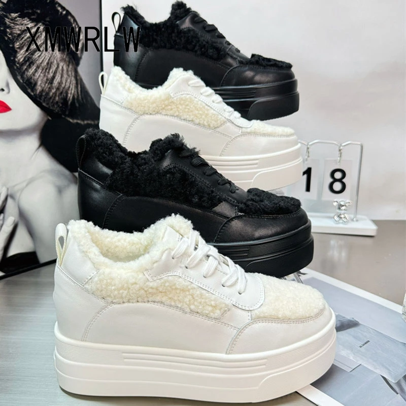 

XMWRLW зимние женские туфли на платформе, женские черно-белые кроссовки на резиновой подошве из натуральной кожи, теплая плюшевая женская зимняя обувь
