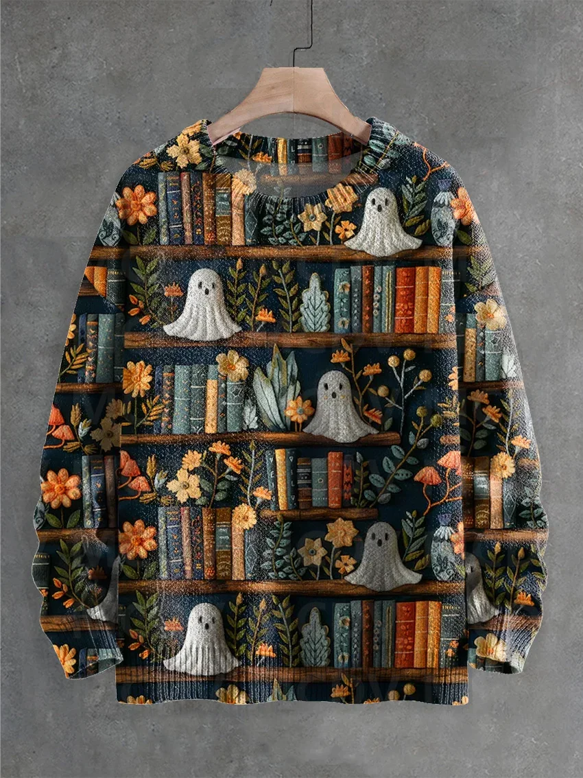 Halloween Library Bookshelf Ghost Halloween Print Knit Pullover Sweater Classic Sweater Men\'s For Women\'s Pullover