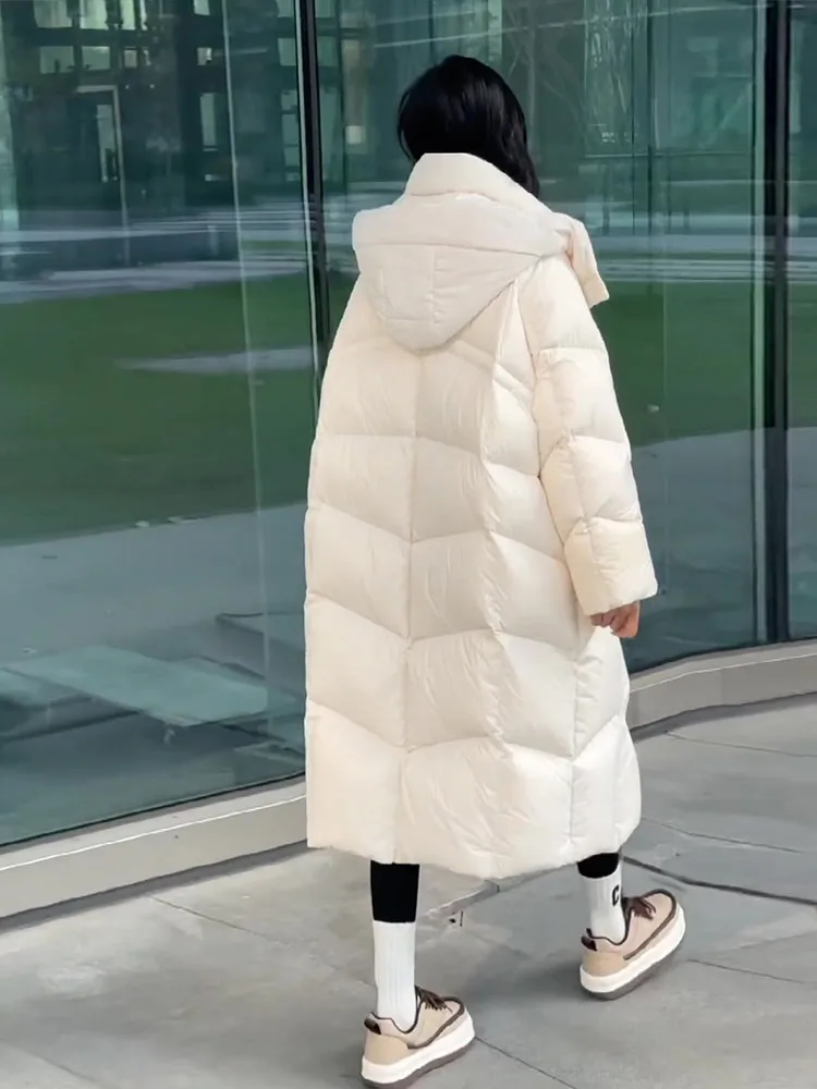 패셔너블한 화이트 다운 재킷 여성용 루즈 롱 오버니 코트 겨울 신상 캐주얼 슬림 메모리 원단 테니드 로...