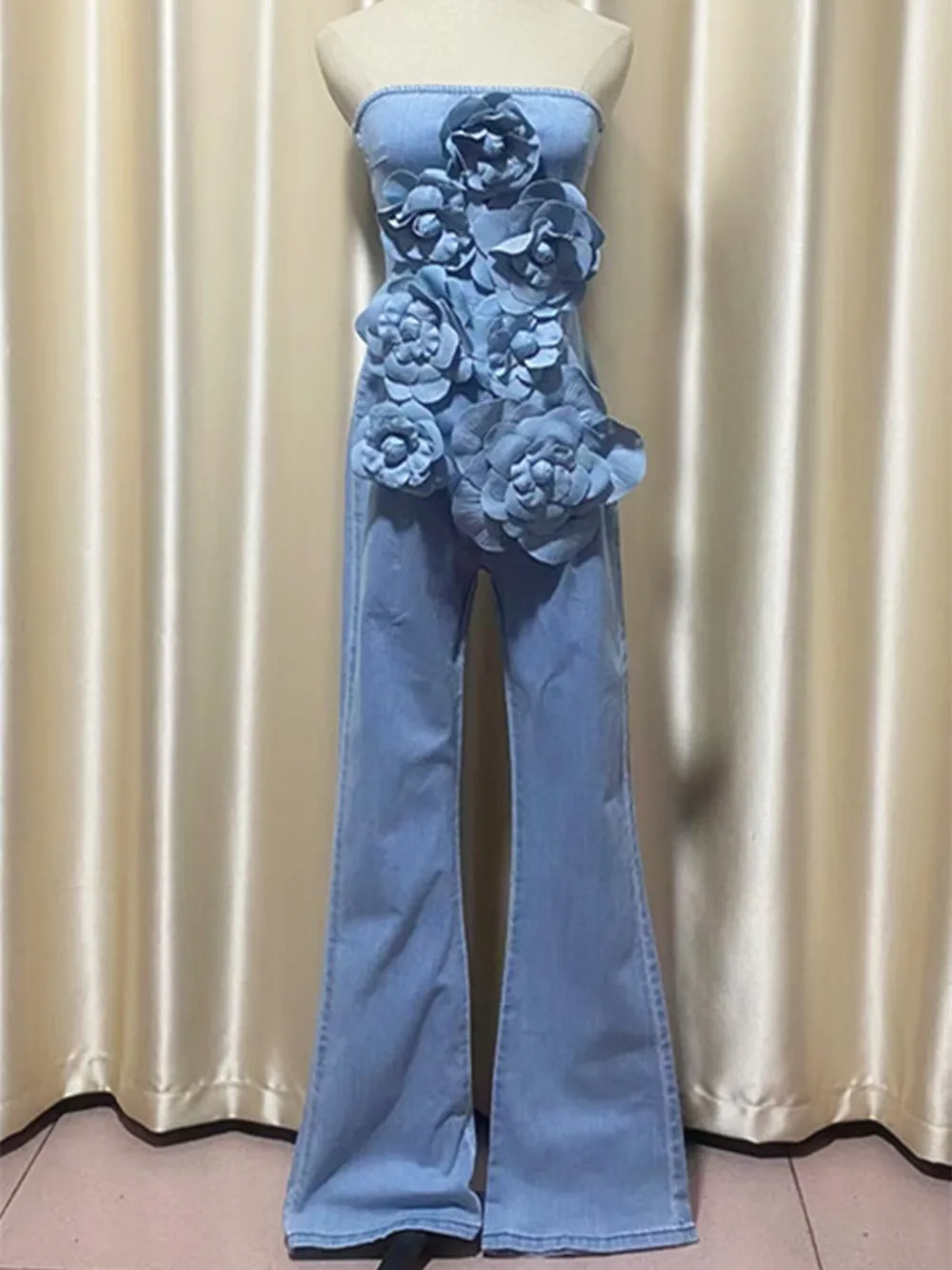 2025 New Sexy Strapless Demin Jumpsuits for Women Sleevelss 3D Appliques Flowers Tube Top Bodysuit Full Length Overalls