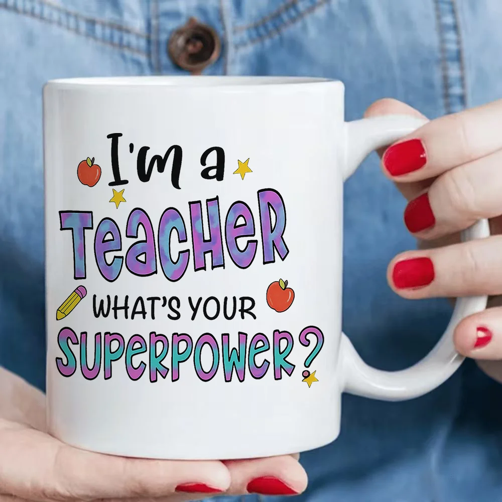 11oz Ceramic Coffee Mug with Teacher Superpower Design Apple Pencil Star Pattern Tableware for Office Home Use Birthday Party Ho