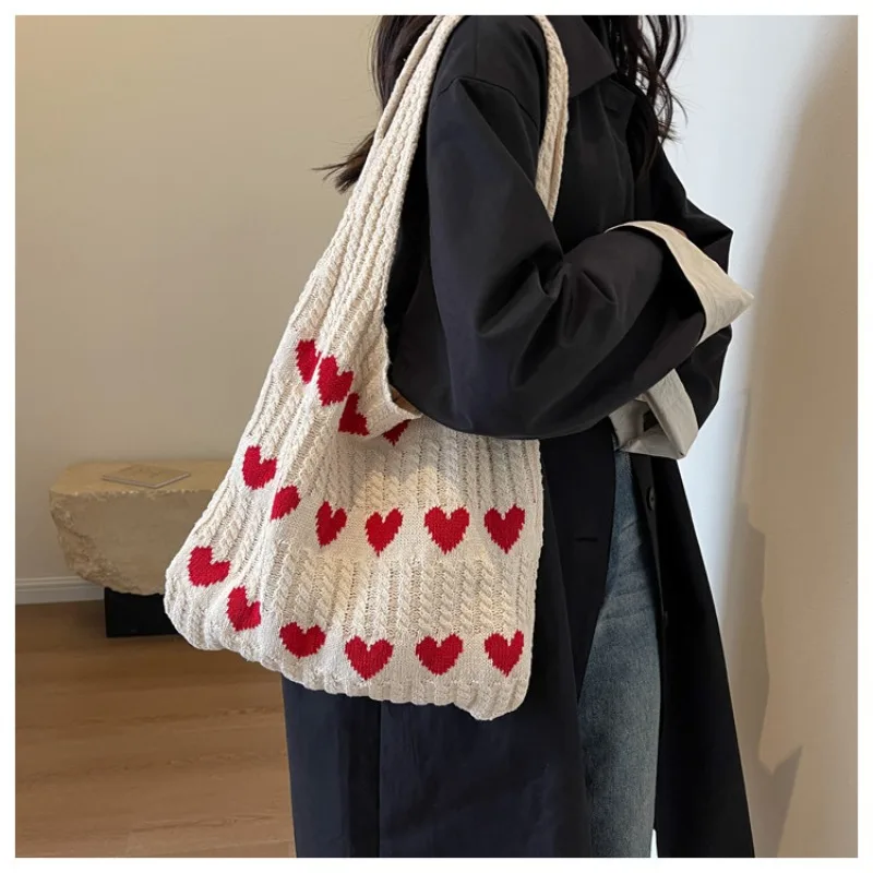 Heart Pattern Color Blocking Crochet Handbag Shoulder Bag Knitted Handbags Female Large Capacity Totes Women's Shoulder Bag