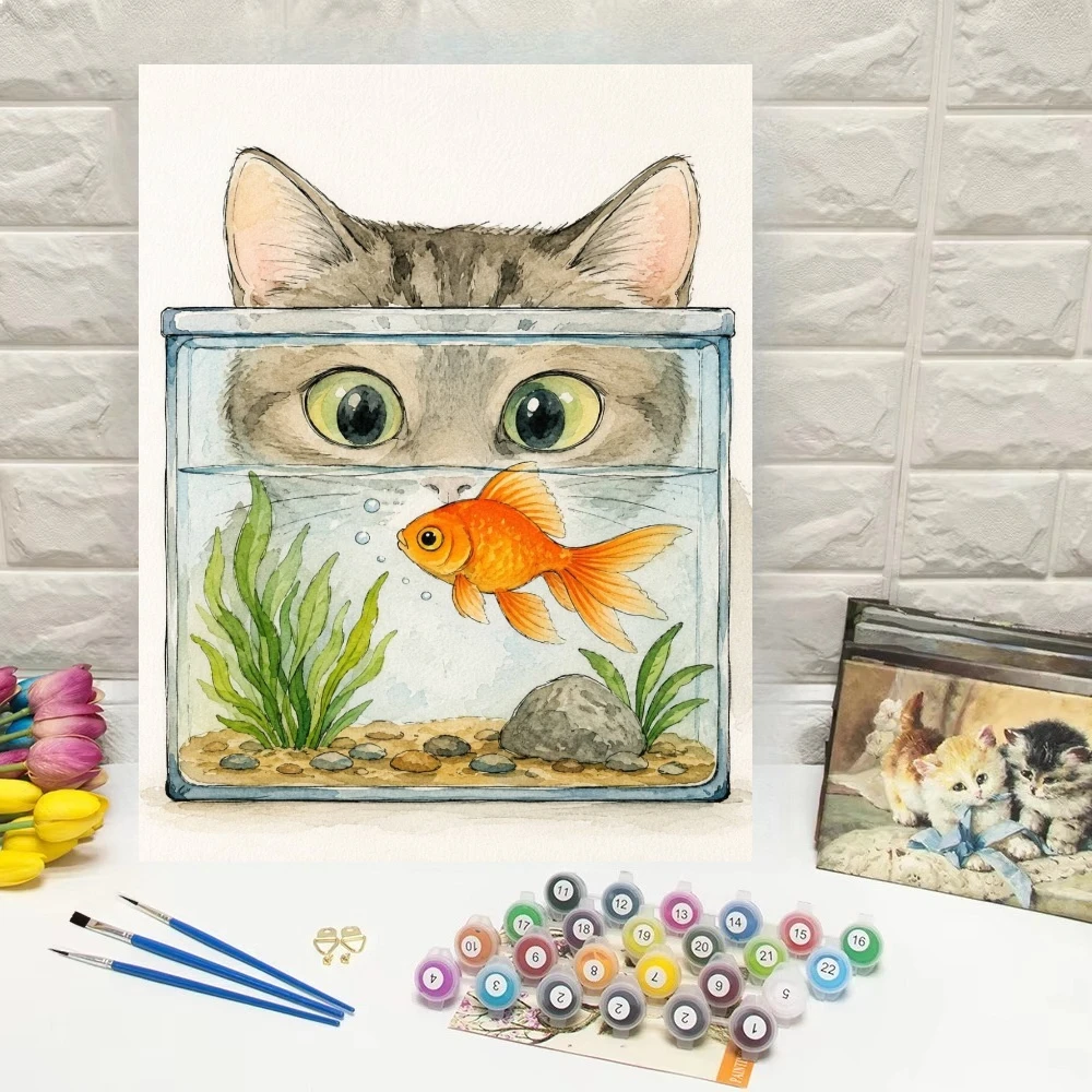 Aquarium Fish Game - لوحة زيتية لقط يراقب سمكة ذهبية
