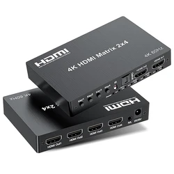 4K HDMI True Matrix Switch 2x4 4x2 Matrix HDMI Video Switch Splitter 2 In 4 out with Optical & R/L Audio Extractor Dolby HDCP2.2