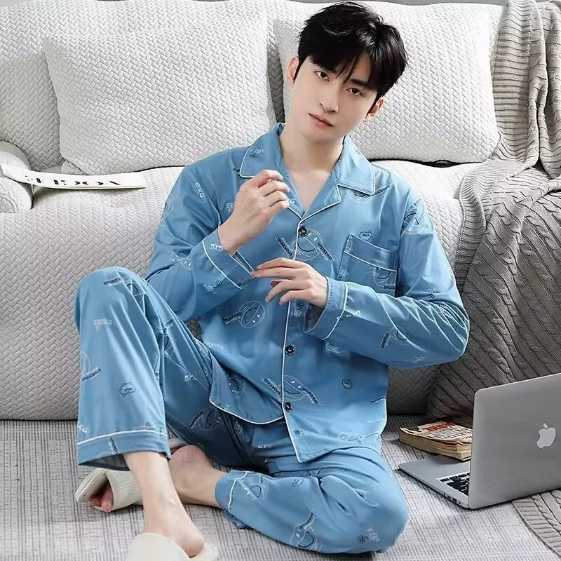 Fall 100% Cotton Pajamas Men\'s Comfortable Long-sleeved Plus Size Home Wear Suit Teenagers Leisure Outdoor Can Be Worn Outside