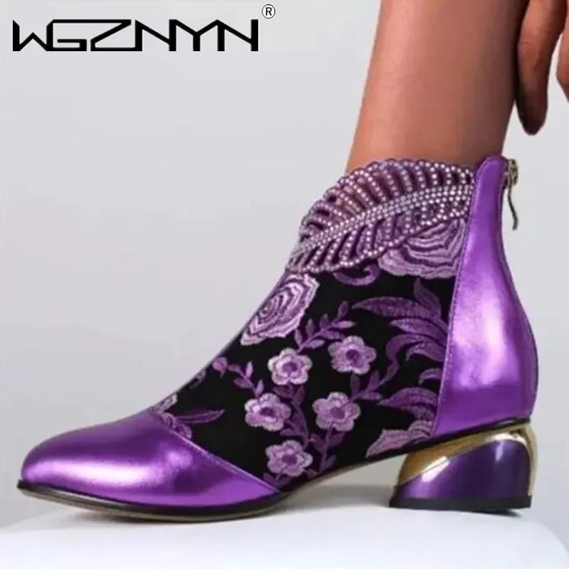 2024 Woman Ankle Boots Vintage Floral Embroidery Women's Shoes Leather Boots Bohemia Zipper Spring Autumn Ladies Botas De Mujer