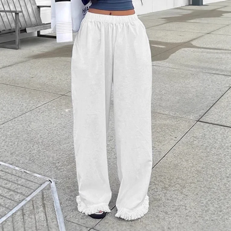 

Брюки Y2K с низкой талией, белые, с бахромой, свободные, прямого кроя, на резинке, тканые, в американском уличном стиле