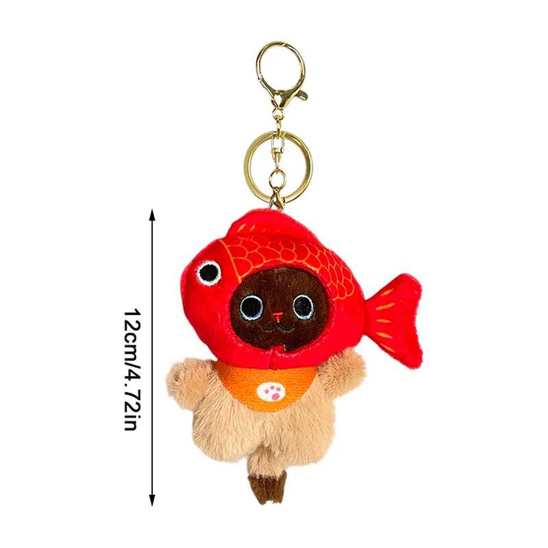 Soft Cartoon Cat Stuffed Doll Keychain; Plush Taiyaki Headgear Toy; Lovely Car Key Ring; Kids' Backpack Bag Decor Gift