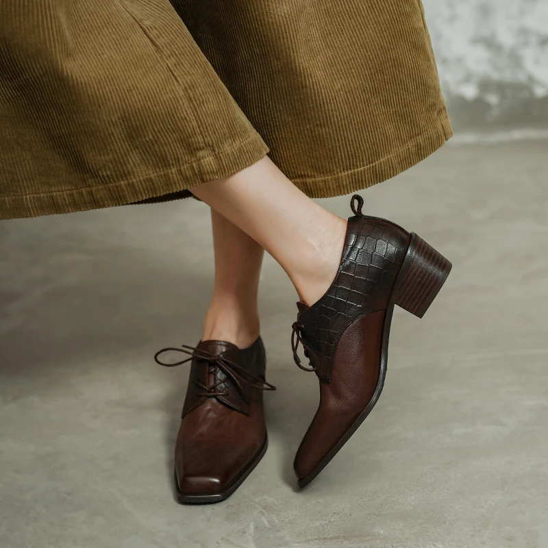 Womens Oxfords Block Heel Classic Shoes Handmade Quality Pumps Thick Heeld Footwear Lace-Up Spring Atumn Simple Pumps