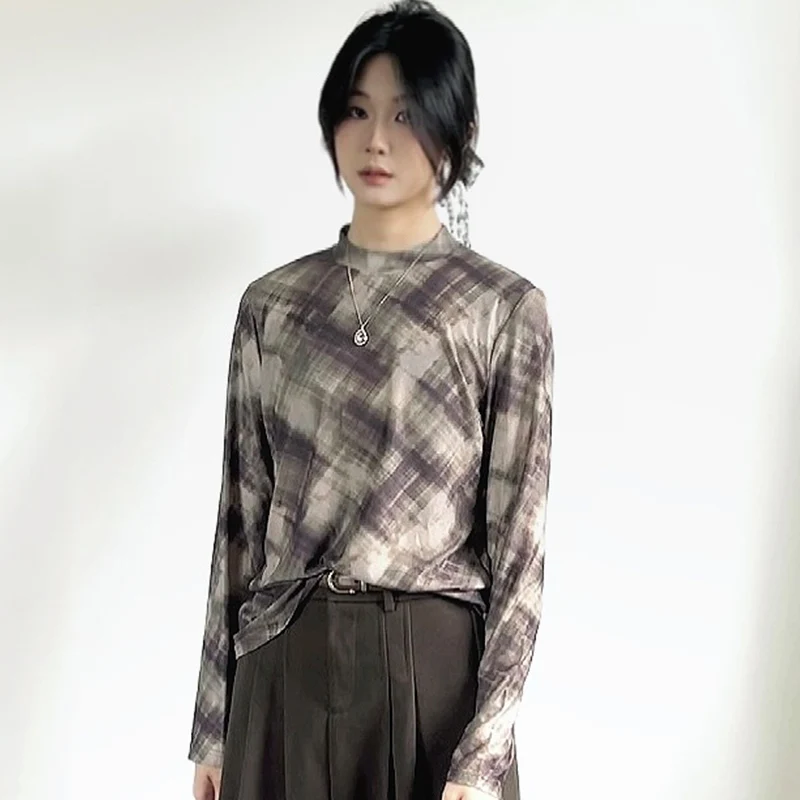MadBlack-Women European T-Shirt, Sexy Mock Neck Plaid, Fashion Modern Long Sleeve Slim M-2XL Elastic Tee, 2025 Winter T5N544CC