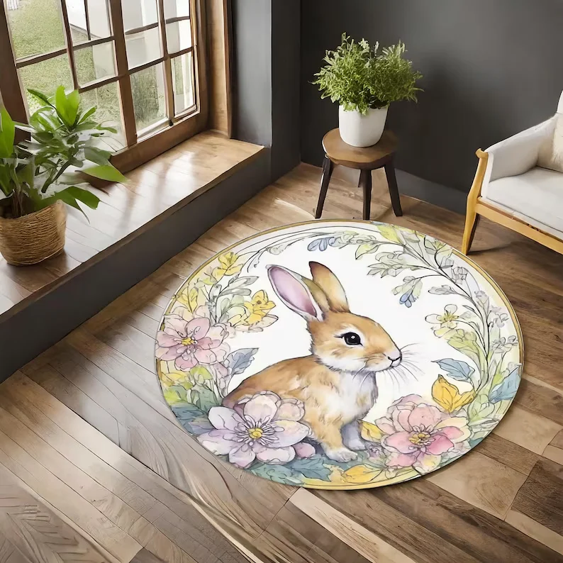 Runder Teppich mit Kaninchenmotiv, niedlicher Häschen-Teppich, Kinderzimmer-Teppich, Bauernhoftier, runder Teppich, rosa Pfingstrose, Babyzimmer-Dekoration, florales Babyparty-Geschenk