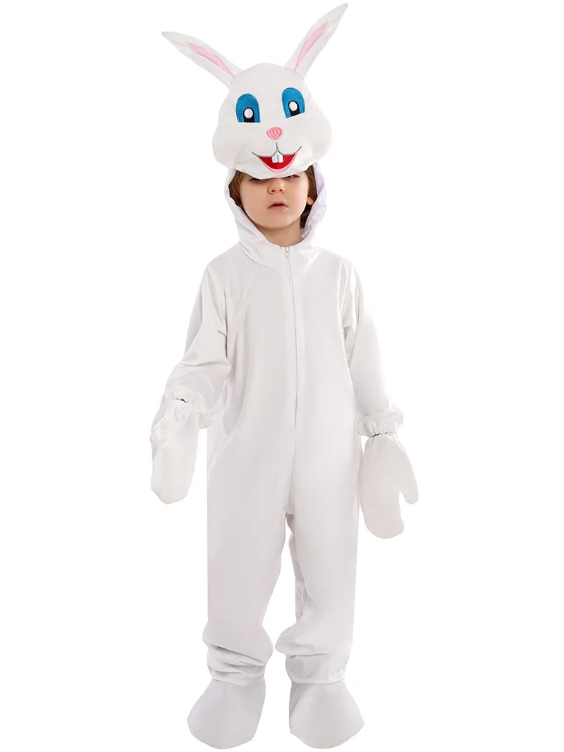 Kids Boys Girls Cartoon Rabbit Jumpsuit with Gloves Vest Bow Tie White Cute Animal Cosplay Role Play Costume Kids Party Bodysuit