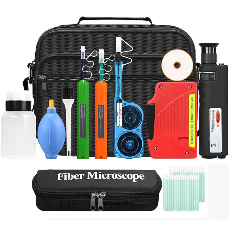 ABKN-Optical Fiber End Face Cleaning Box Magnifying Glass SC/FC/ST/LC 1.25MM/2.5MM Fiber Optic Cleaner Pen Cotton Swab Kits