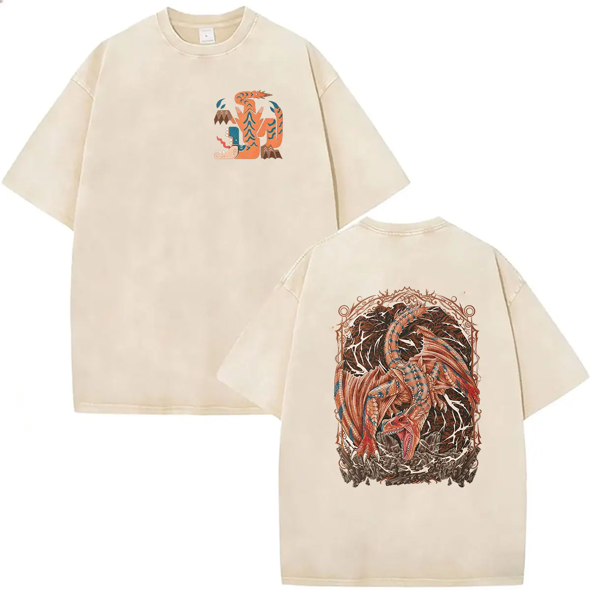Vintage Washed Monster Hunter Lagiacrus The Lord of The Seas Game Fans T-Shirts Herren Damen Kleidung Mode Kurzarm-T-Shirt – Detail 6