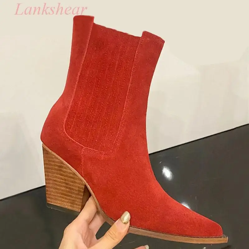 Pointed Smooth Suede Leather Ankle Boots Women's Slip On Thick Heel Concise Commuter Lady Fashion Short Boots Autumn and Winte