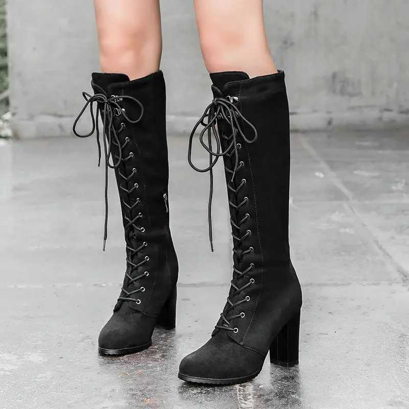 

High top women's boots 2025 winter new product European and American women's boots front lace up suede knight boots