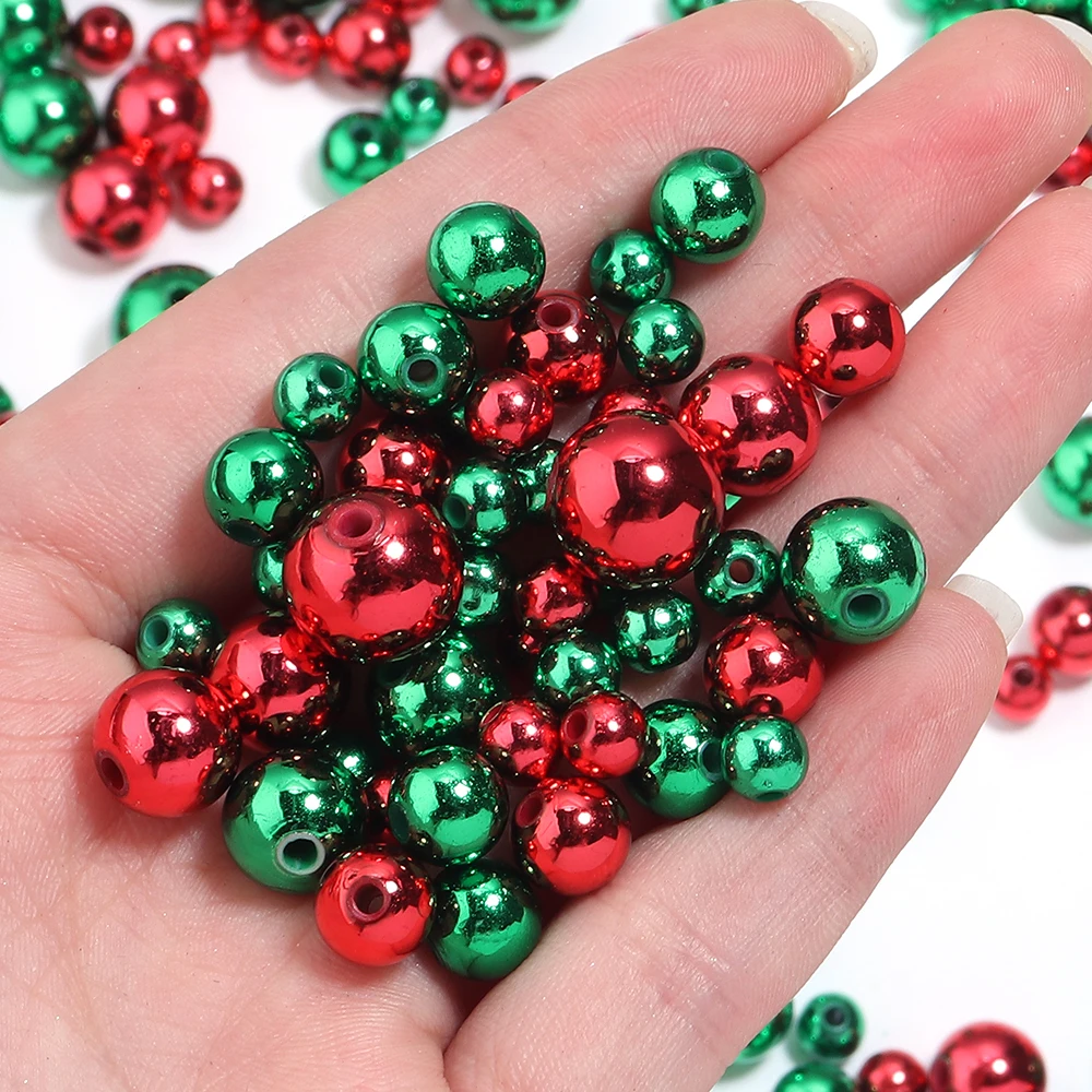 50-200pcs 6/8/10/12mm Green Red Color Christmas Acrylic Beads Round Loose Spacer Bead for Jewelry Making DIY Bracelet Neckace