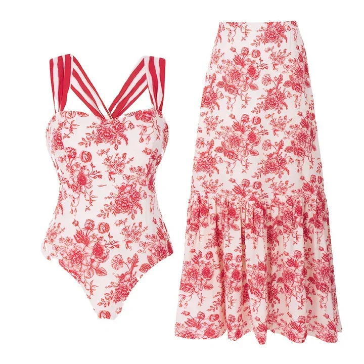 

2025 Fashion Pink Printed Bandage Women One Piece Swimsuit And Skirt Sexy Sliming Big Swiming Dresses Set Lady Beachwear Getways