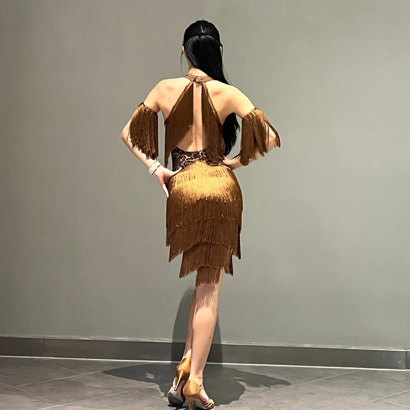 Women Backless Fringe Sexy Brown Dress Cha Cha Rumba Samba Tango Dance Costume Prom Wear Latin Dance Copetition Dress view 5