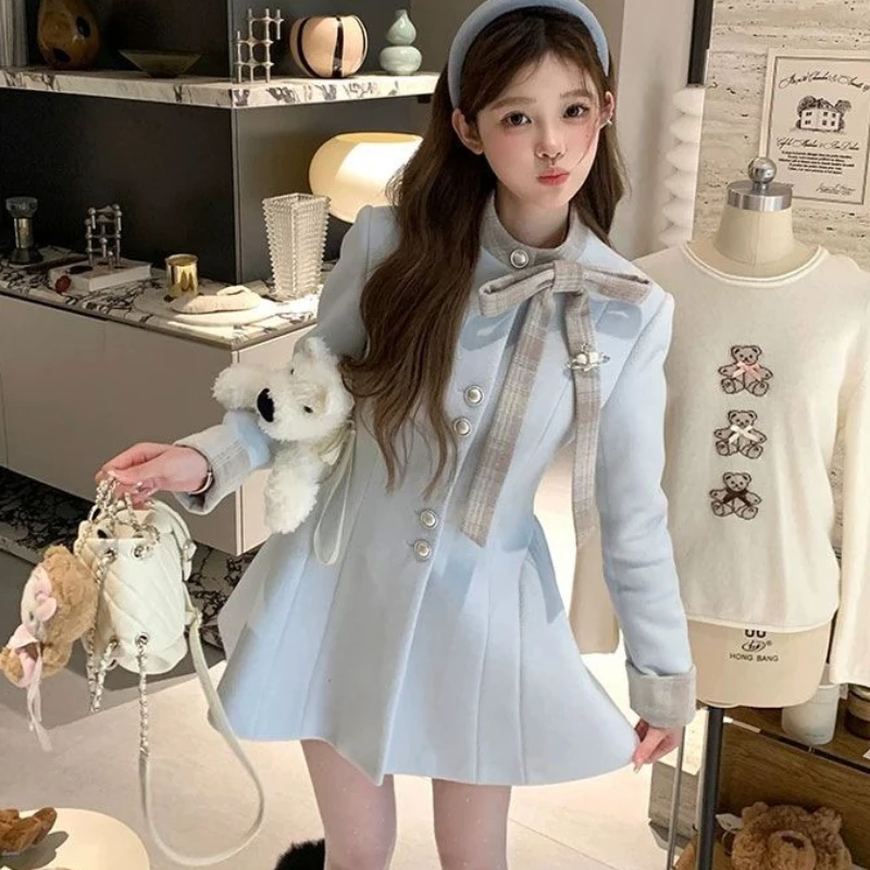 النمط الفرنسي خمر معطف فستان من الصوف الأنيق المرأة لطيف الحلو القوس كم طويل زر الأزرق جاكيتات الشتاء موضة ملابس خارجية ضئيلة #1