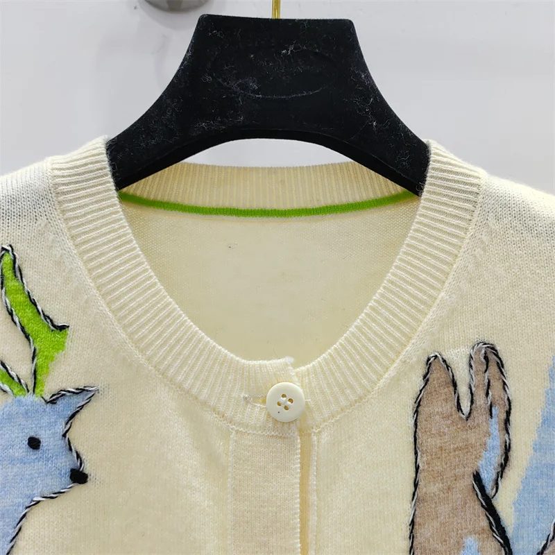 Cardigan for women 2024 Autumn New in Fashionable Deer Embroidered Round Neck Long Sleeve Top 100% wool Women's sweater knitwear