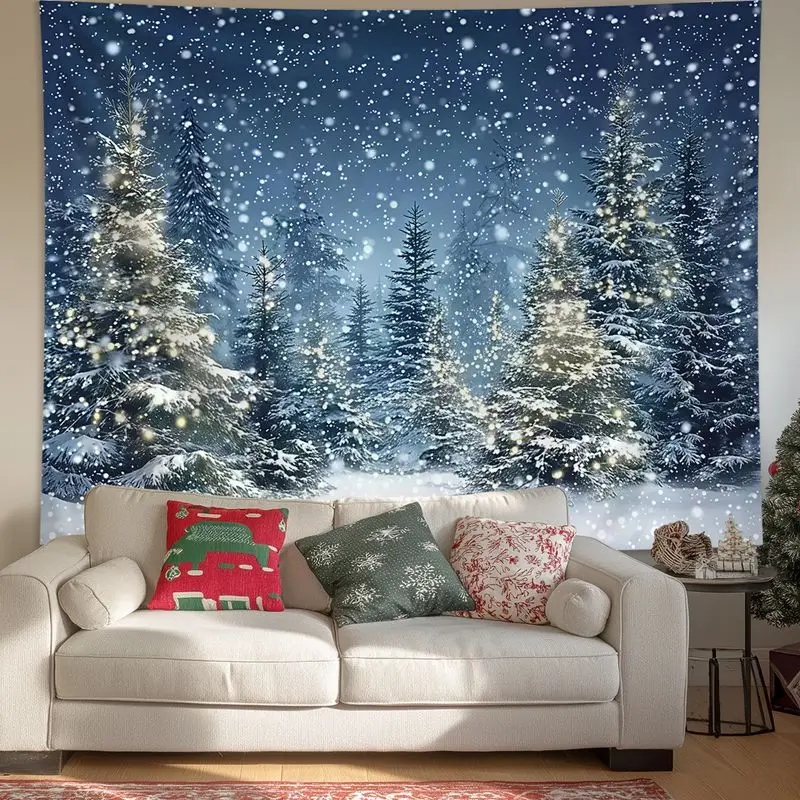 VIKAMA Falling Snow Pine Forest Christmas Tapestry, Serene Wall Art Background Cloth for Tranquil Living Room Decor
