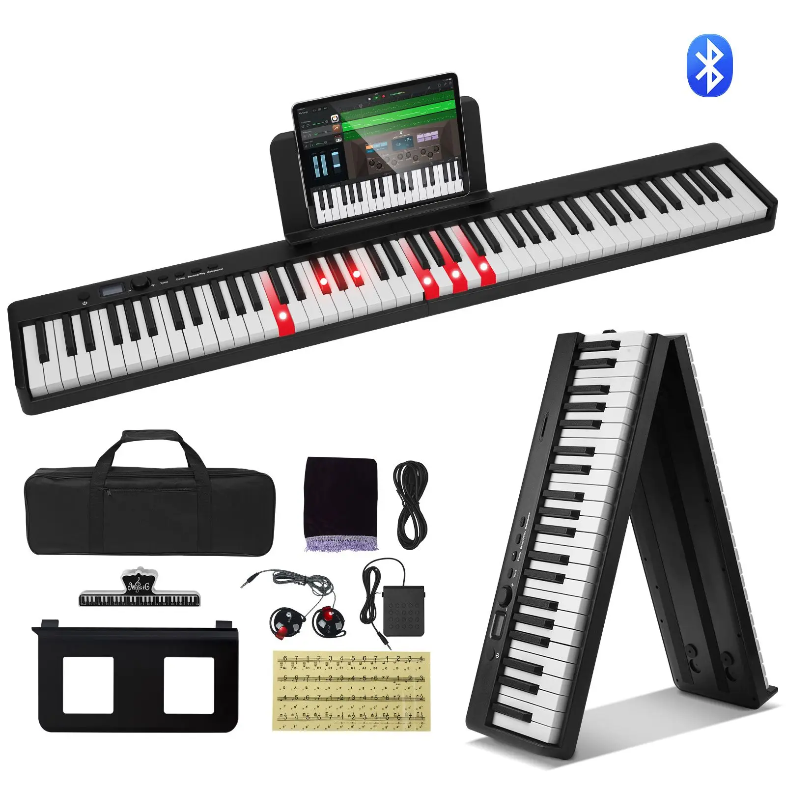 88 Key Folding Keyboard Piano, Bluetooth & MIDI, Portable Electronic Digital Foldable Piano with Sustain Pedal Bag Touch Sensitive Keys Headphones, Rechargeable for Beginners Teens Adults, Black